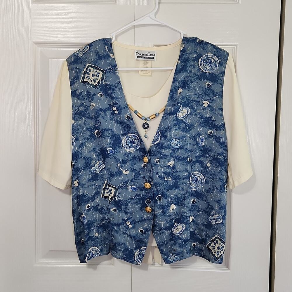 Vintage Connections Related Seperates Blue & Cream 1/2 Sleeve Blouse Shorts Med